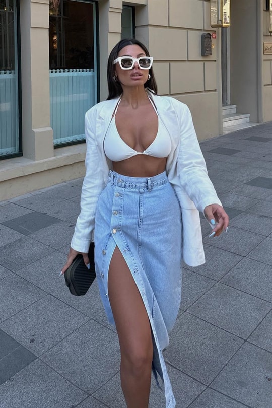 Düğmeli Uzun Denim Etek Buz Mavi