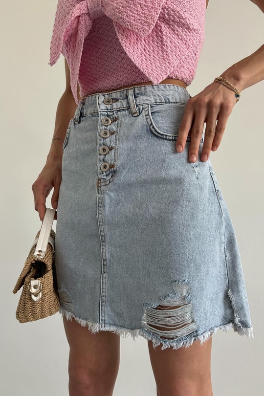 Düğmeli Yırtık Detay Denim Etek Mavi