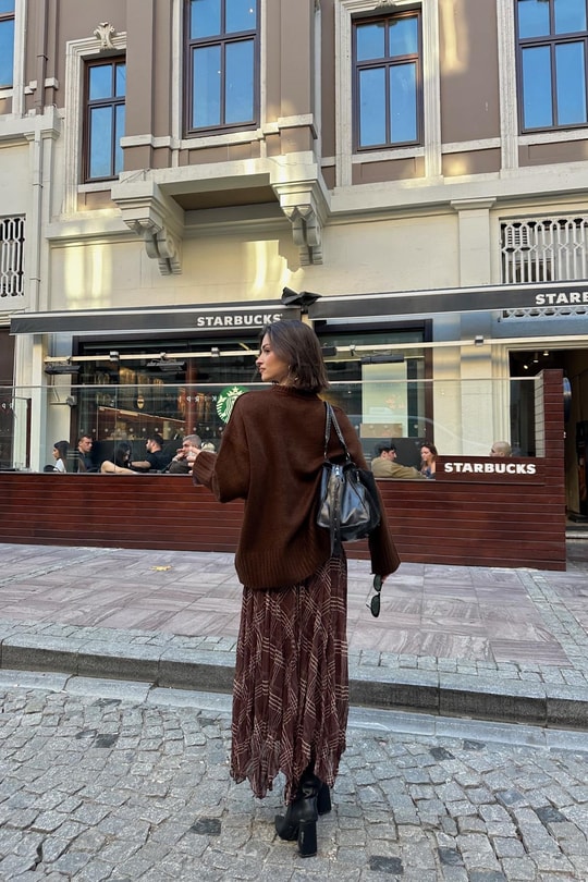 Ekose Desenli Asimetrik Etek Kahve