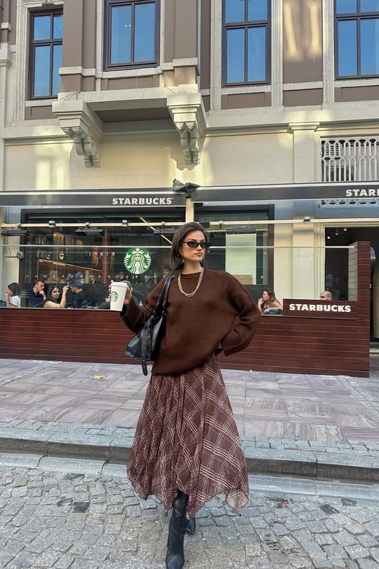 Ekose Desenli Asimetrik Etek Kahve