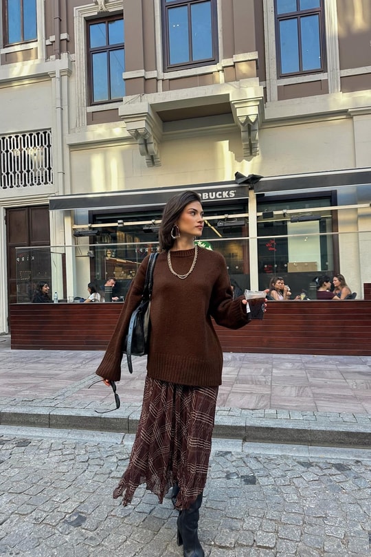 Ekose Desenli Asimetrik Etek Kahve