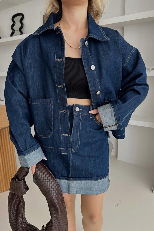 Katlamalı Denim Etek Lacivert