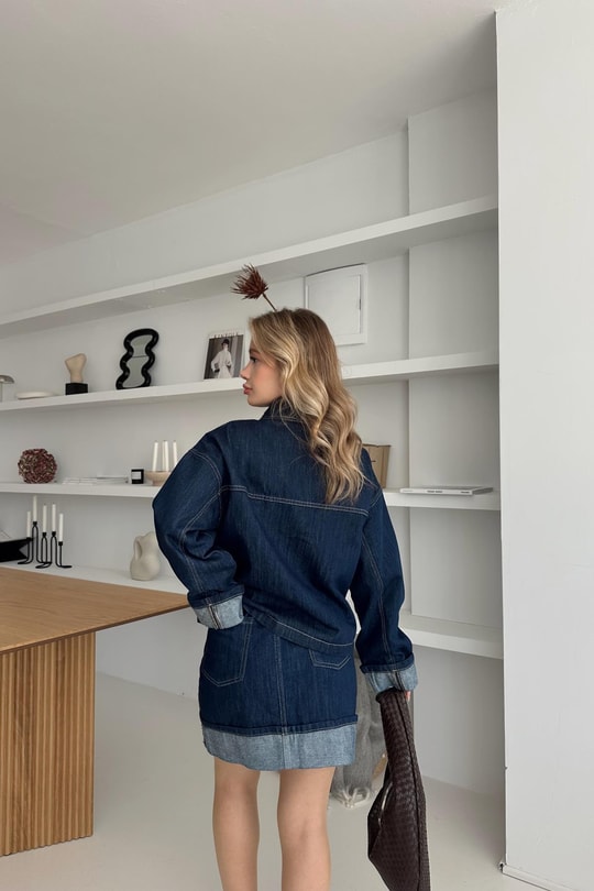 Katlamalı Denim Etek Lacivert