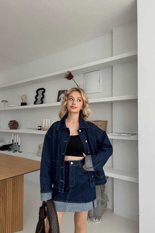 Katlamalı Denim Etek Lacivert