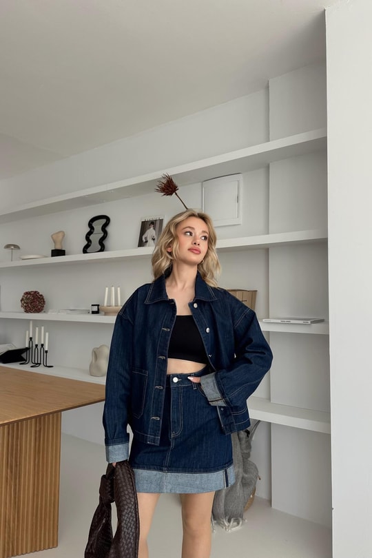 Katlamalı Denim Etek Lacivert