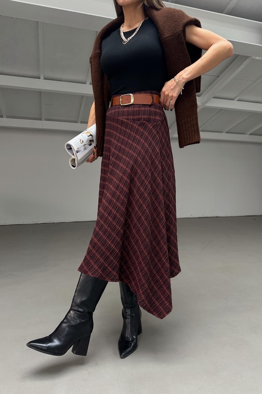 Kemerli Asimetrik Etek Bordo