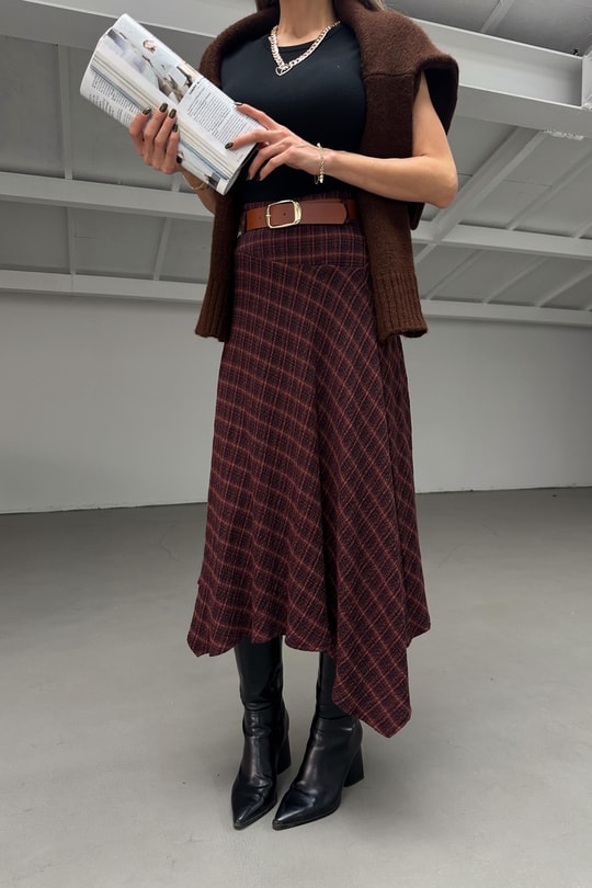 Kemerli Asimetrik Etek Bordo