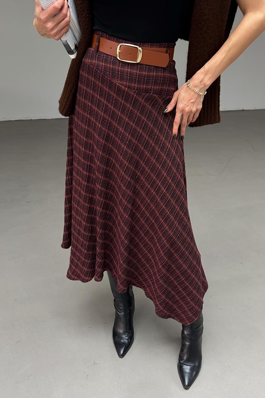 Kemerli Asimetrik Etek Bordo