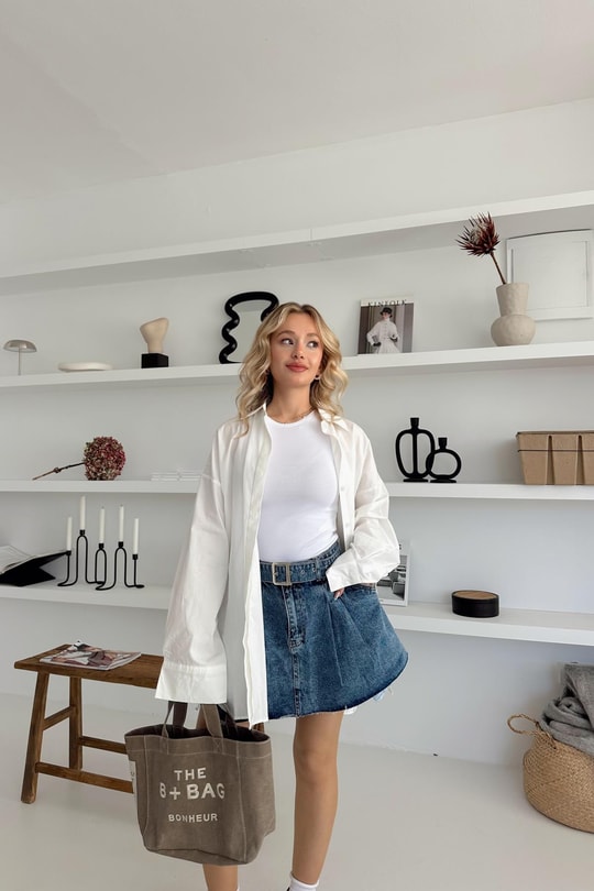 Kemerli Denim Etek Buz Mavi