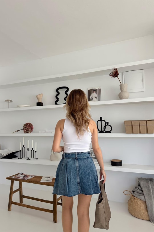 Kemerli Denim Etek Buz Mavi