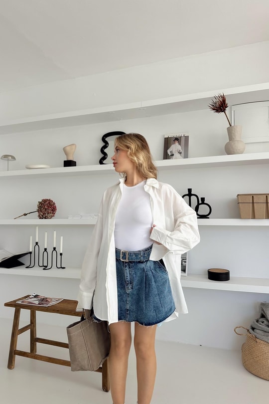 Kemerli Denim Etek Buz Mavi
