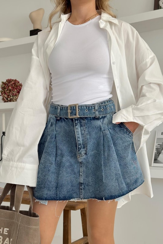 Kemerli Denim Etek Buz Mavi