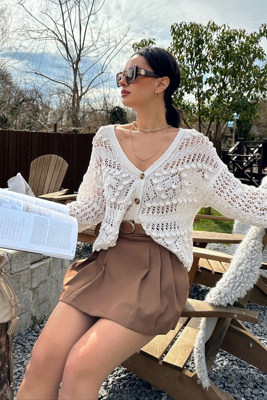 Kemerli Pile Detay Mini Etek Kahve