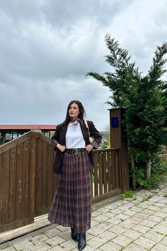 Kemerli Pileli Etek Kahve