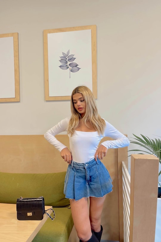 Kesik Paça Şortlu Denim Etek Mavi