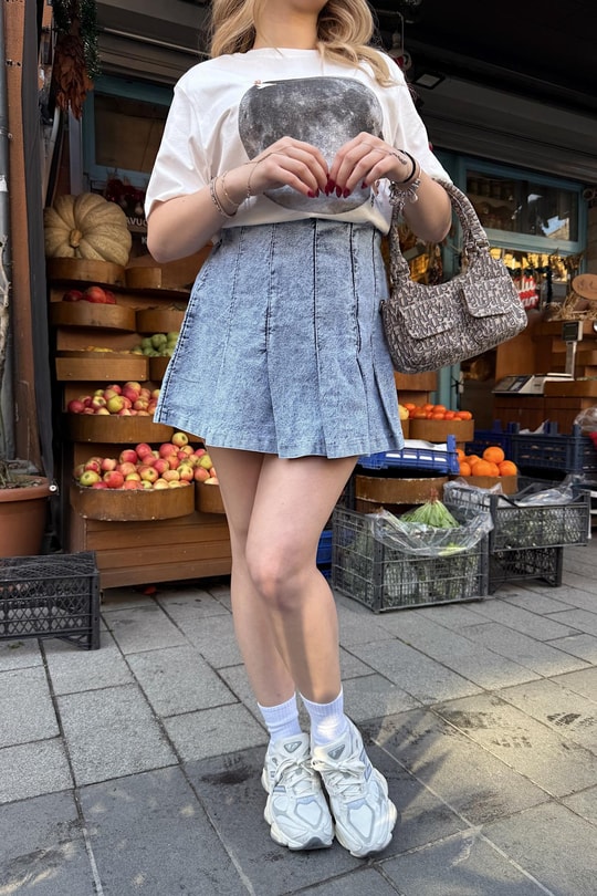 Kısa Denim Etek Buz Mavi