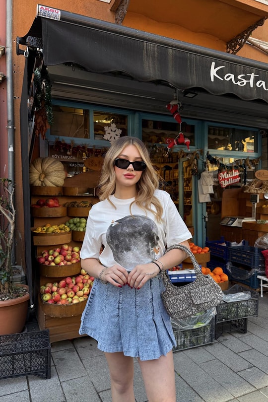 Kısa Denim Etek Buz Mavi