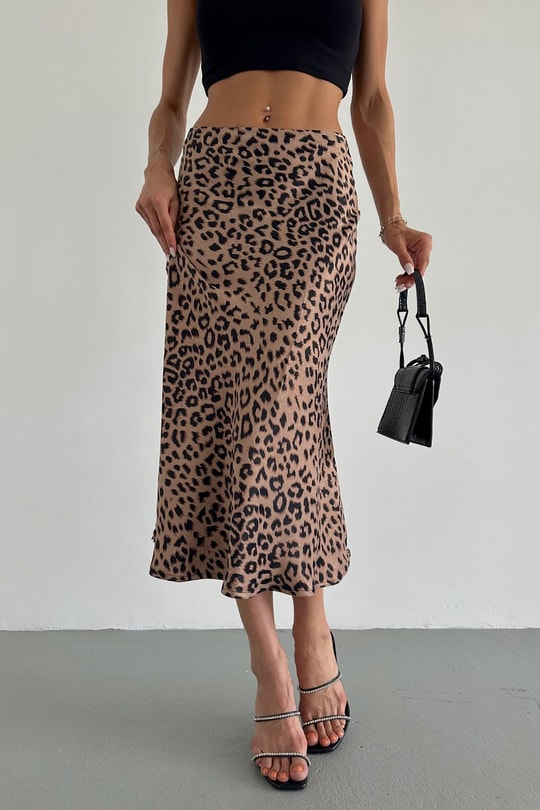 Leopar Desen Midi Etek Kahve