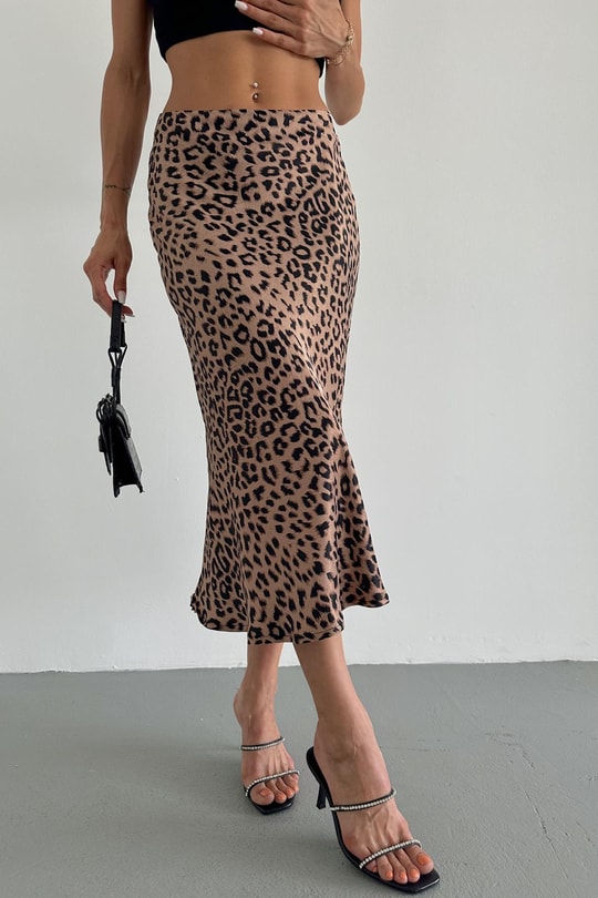Leopar Desen Midi Etek Kahve