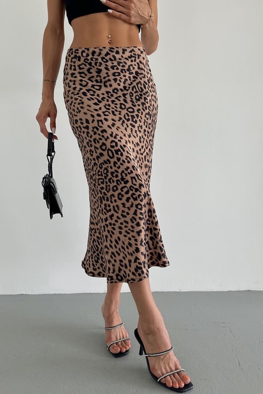 Leopar Desen Midi Etek Kahve