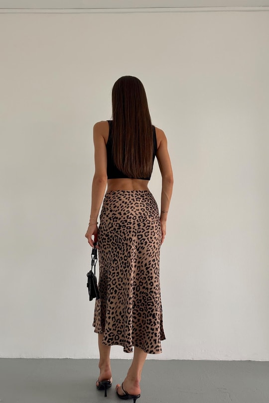 Leopar Desen Midi Etek Kahve