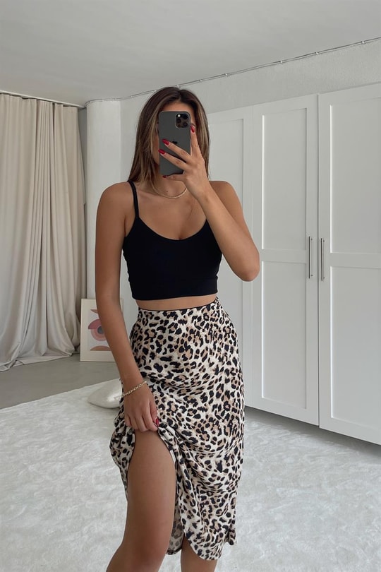 Leopar Desen Saten Etek Kahverengi