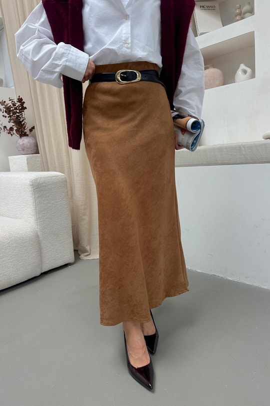 Midi Süet Etek Camel