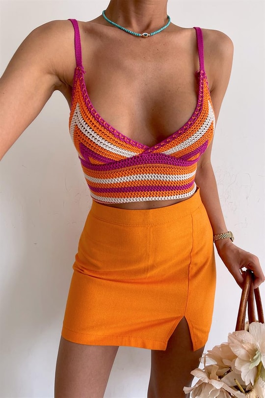 Mini Yırtmaçlı Keten Etek Oranj