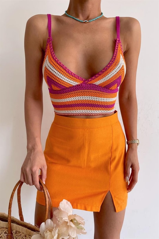 Mini Yırtmaçlı Keten Etek Oranj