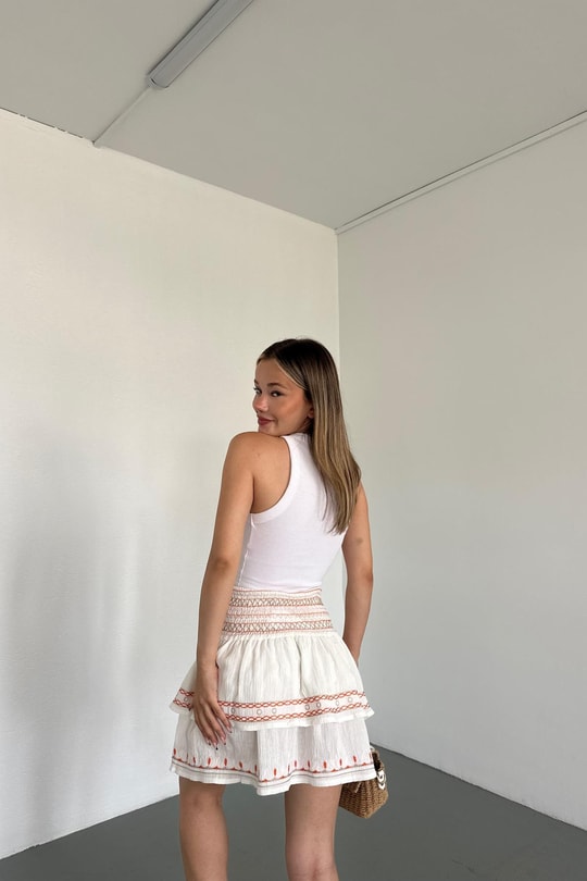 Nakışlı Mini Etek Ekru
