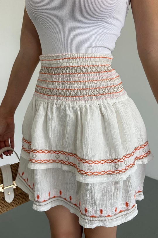Nakışlı Mini Etek Ekru