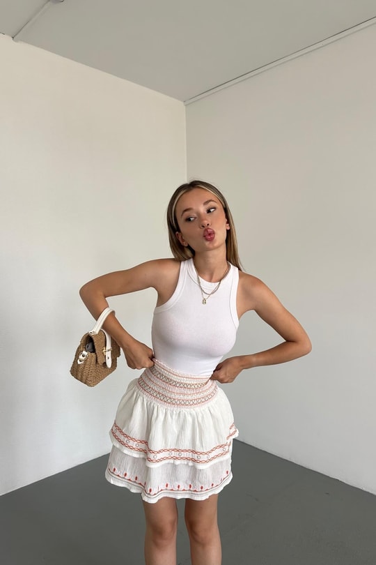 Nakışlı Mini Etek Ekru