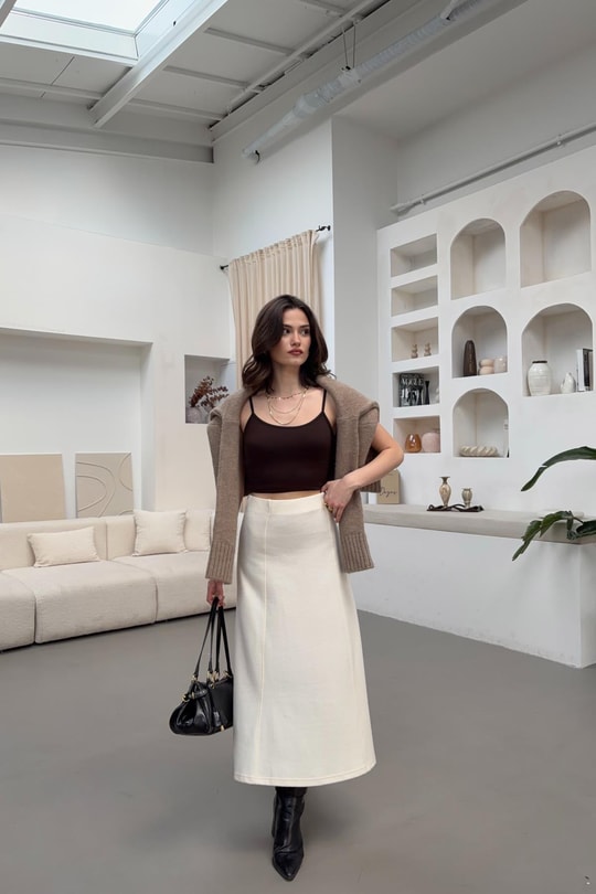 Ön Dikişli Triko Etek Ekru