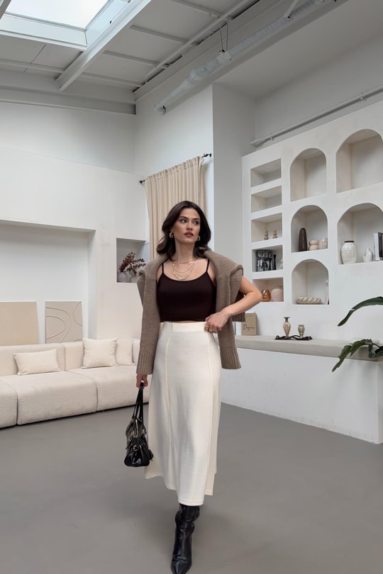 Ön Dikişli Triko Etek Ekru