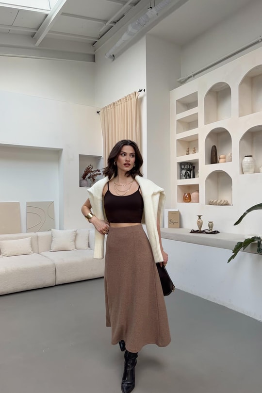 Ön Dikişli Triko Etek Kahve