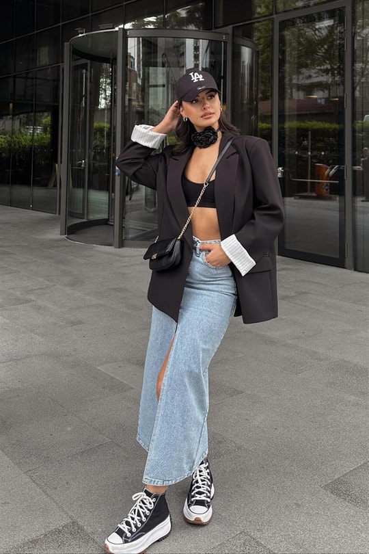 Ön Yırtmaçlı Denim Uzun Etek Buz Mavi