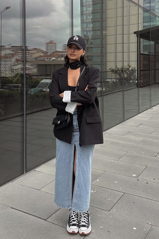 Ön Yırtmaçlı Denim Uzun Etek Buz Mavi