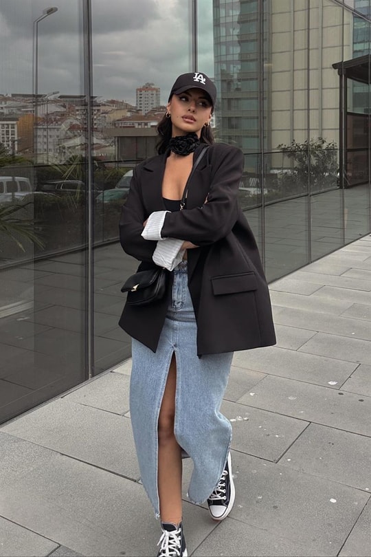 Ön Yırtmaçlı Denim Uzun Etek Buz Mavi