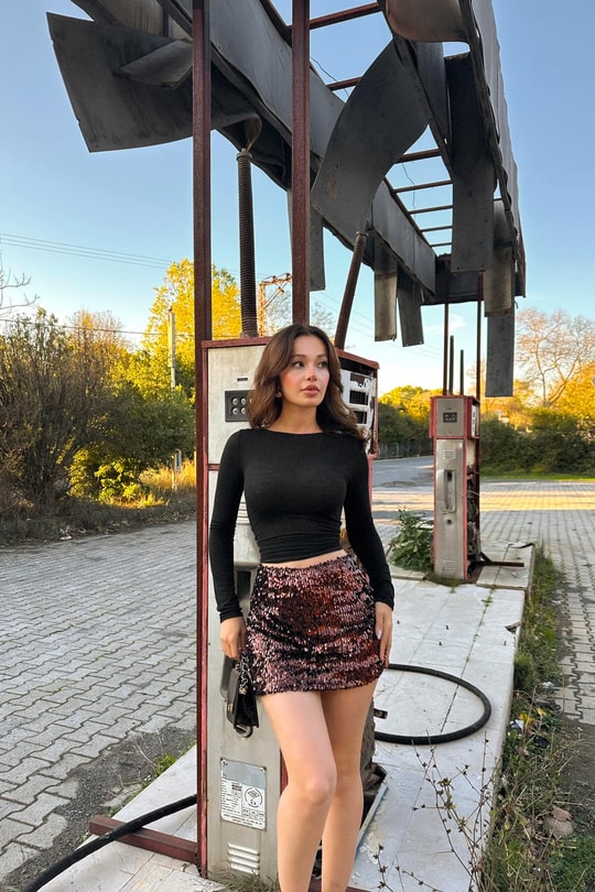 Payetli Şort Astar Etek Kahve