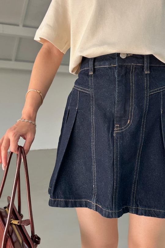 Pileli Denim Etek Lacivert