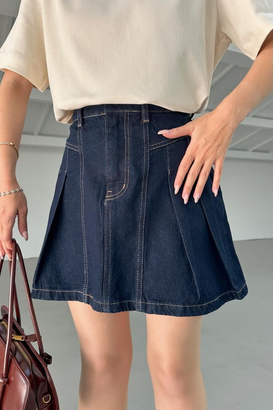 Pileli Denim Etek Lacivert