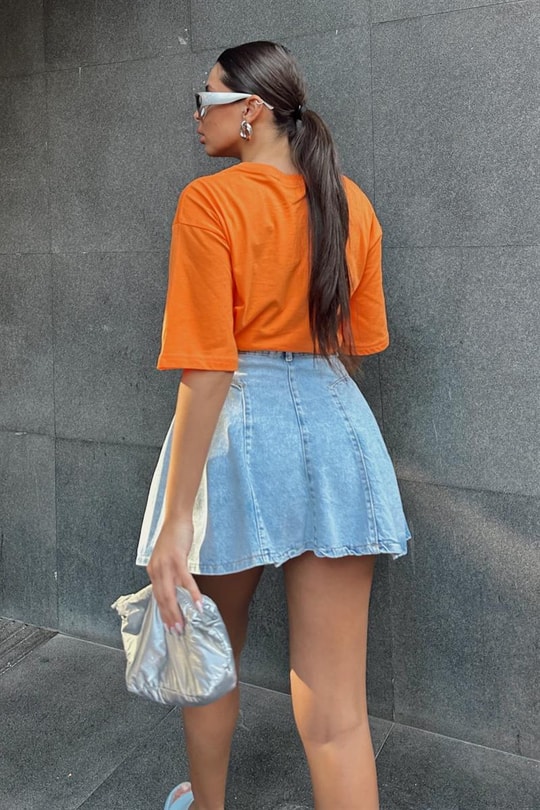 Pileli Denim Etek Mavi