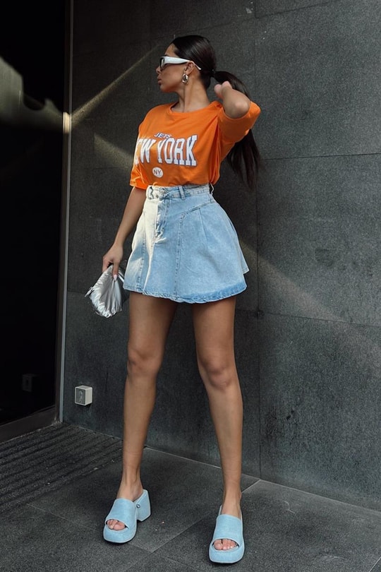 Pileli Denim Etek Mavi