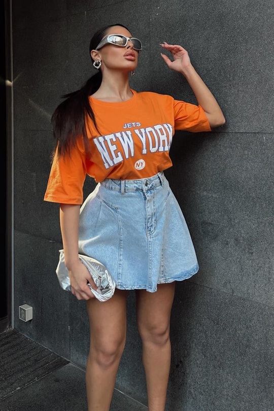 Pileli Denim Etek Mavi