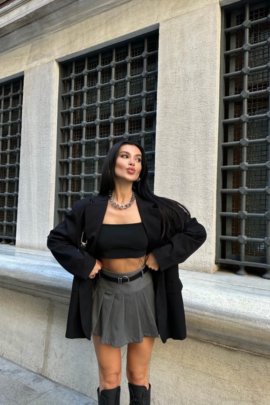 Pileli Oxford Şort Etek Antrasit