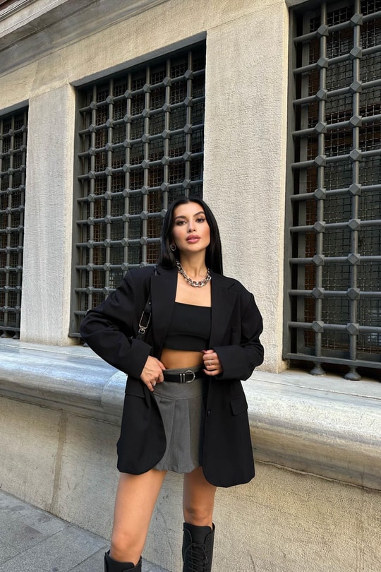Pileli Oxford Şort Etek Antrasit