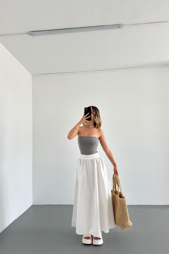 Poplin Street Kloş Etek Beyaz