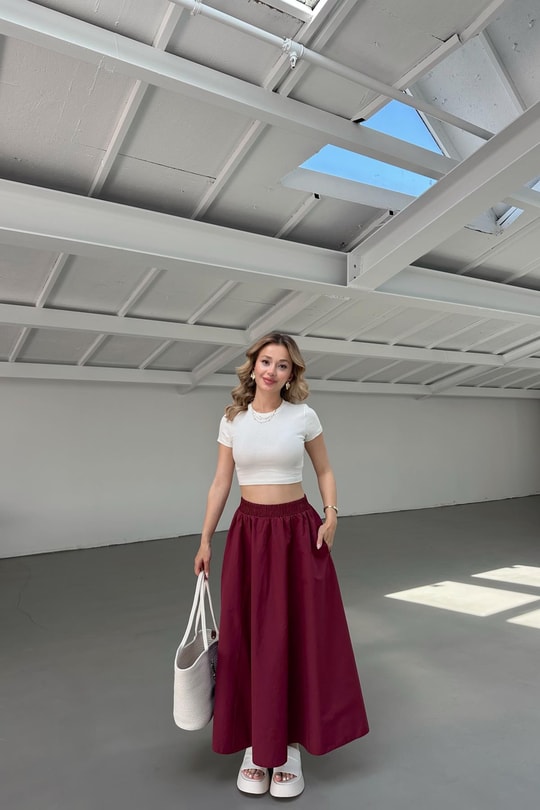 Poplin Street Kloş Etek Bordo