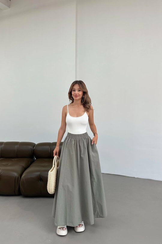 Poplin Street Kloş Etek Haki