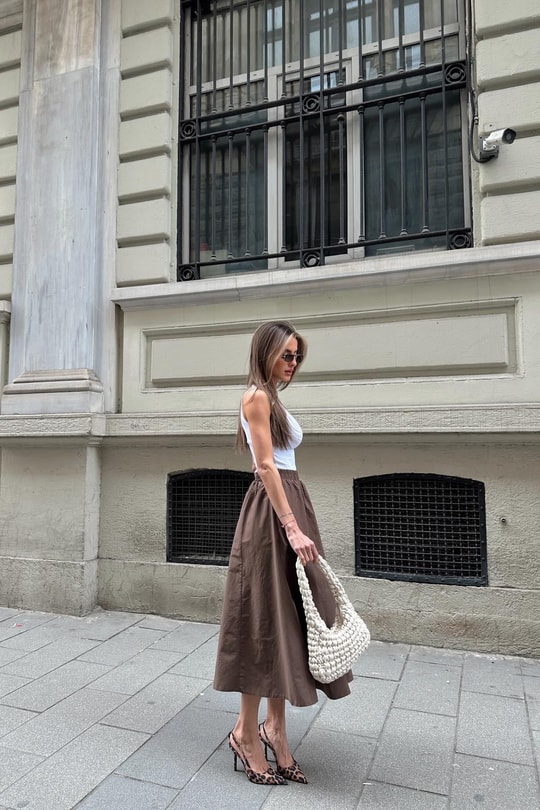 Poplin Street Kloş Etek Kahve